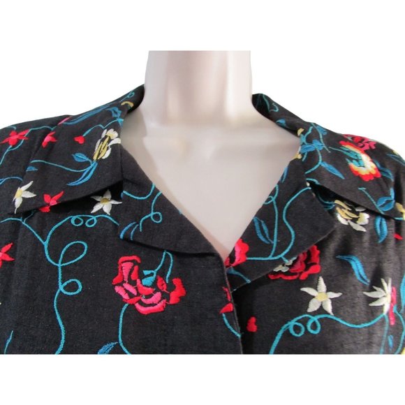 David Brook Floral Embroidered Black Shantung Silk Duster Coat Ladies XL EUC - Picture 5 of 16
